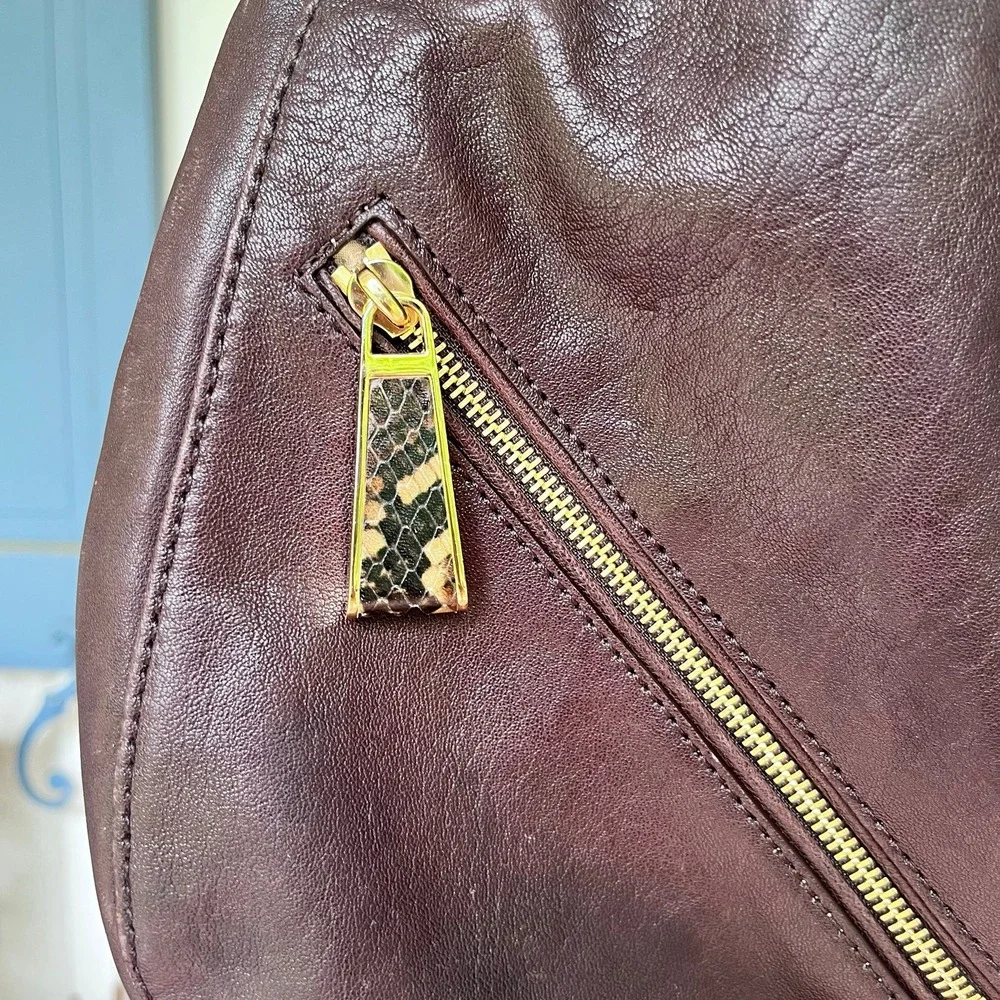 Michael Kors Matilda Brown Leather Shoulder Bag Python Embossed Accents Gold (T)